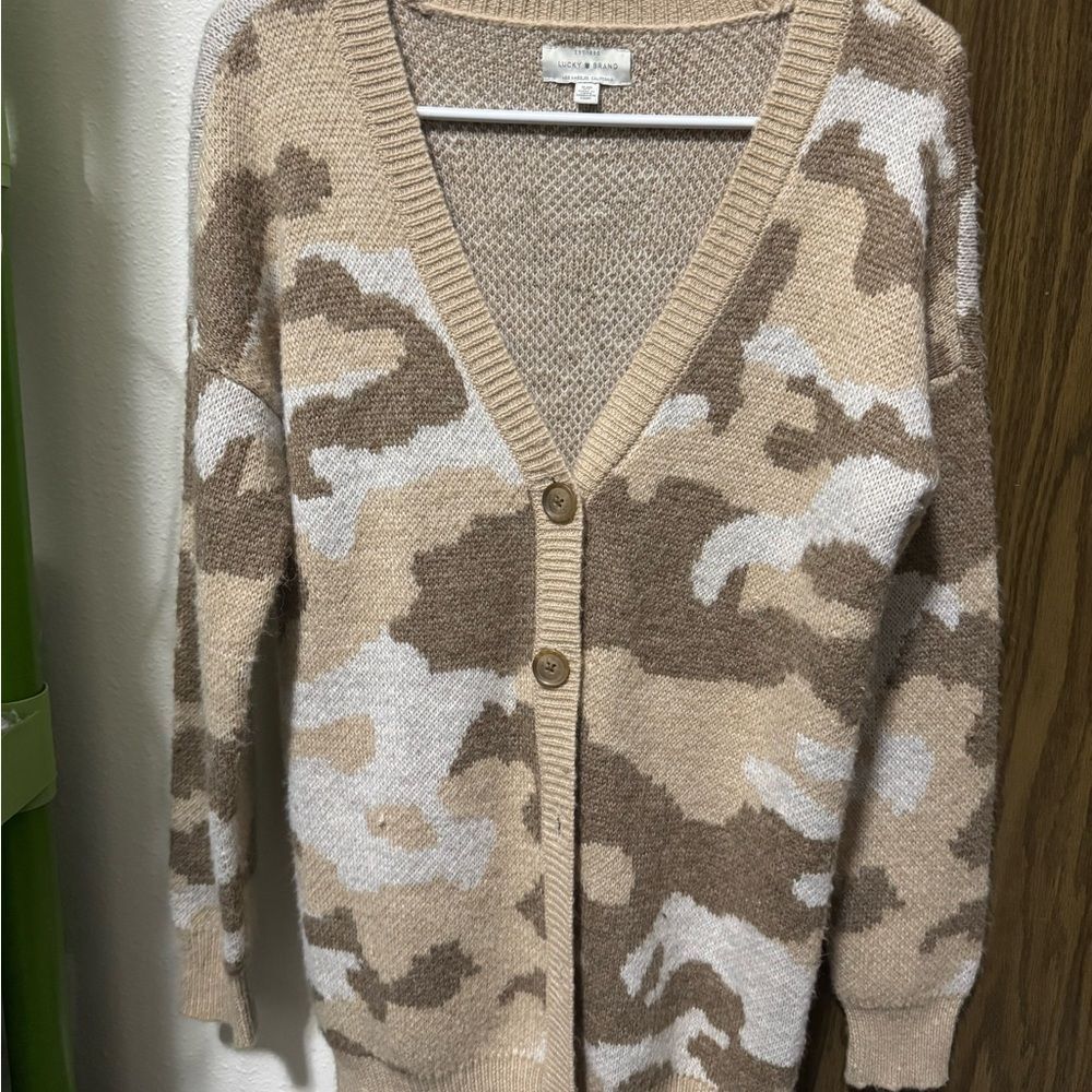 Lucky Brand Tan Camouflage Button Cardigan Sweater Women's Small